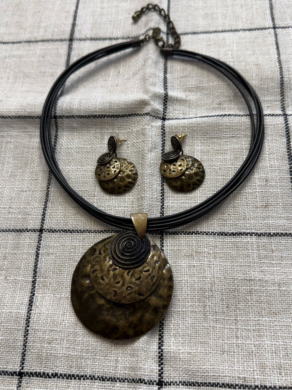 Premier Designs Gold-Tone Hammered Disc Necklace with Black Cord and Earrings